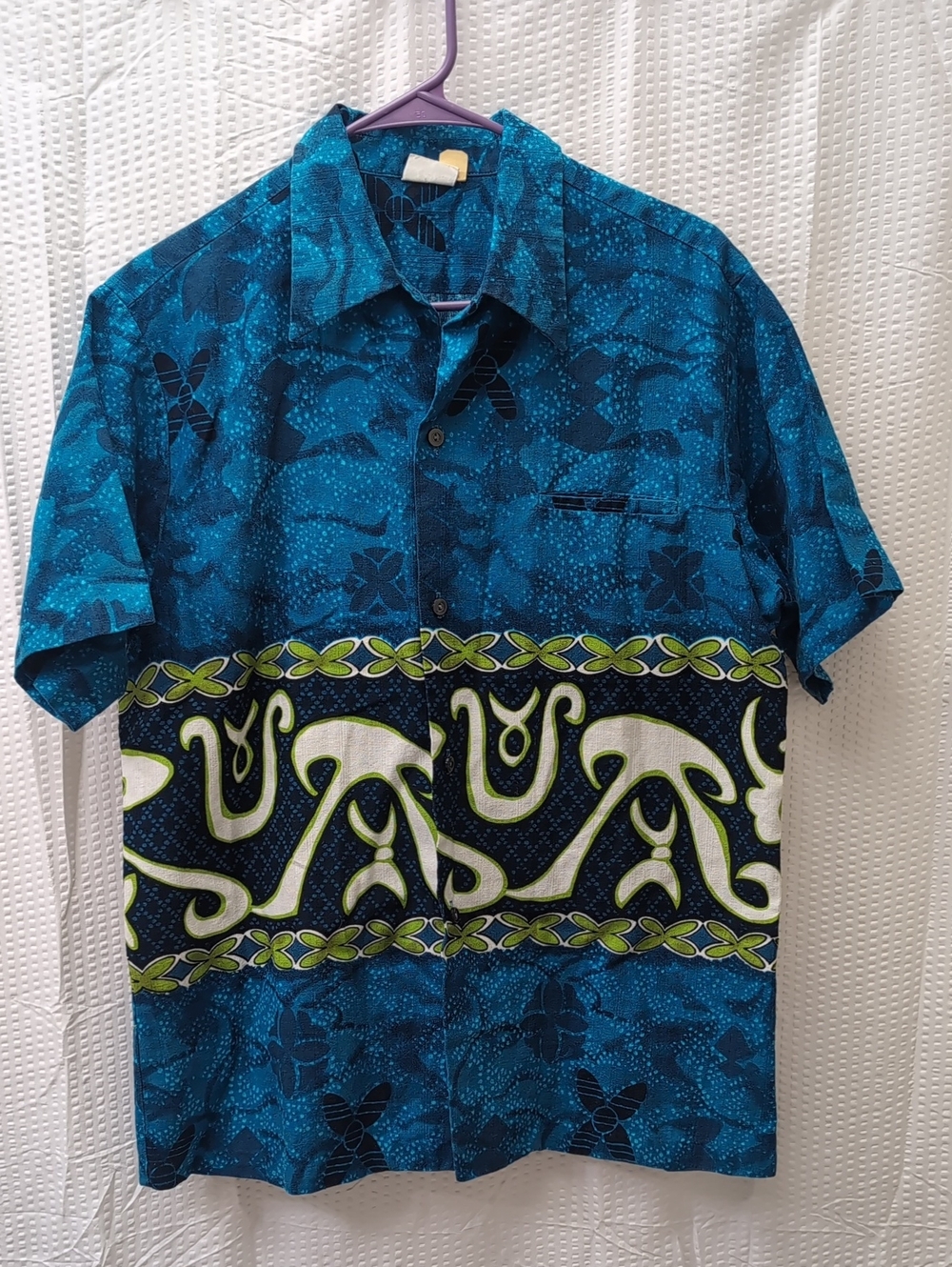 Vintage Casual Short-Sleeve Button-Down Shirt in Teal Blue Print Size Large